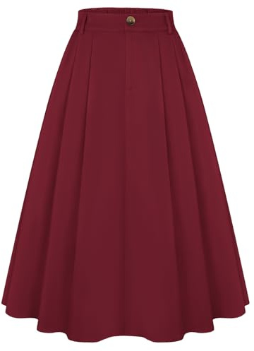 Belle Poque Women A Line Skirt Below Knee High Waisted Midi Skirts with Pockets and Pleated Dark Red 2XL