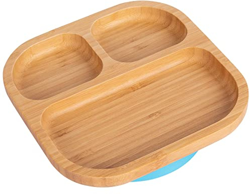Tiny Dining Baby Plate with Suction Cup - Segmented - Blue - Divided Non-Slip Bamboo Self-Feeding Baby Weaning Plate for Babies, Toddlers, Children