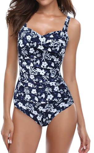 SHEKINI Damen Einteilige Blumen Einfarbig Badeanzug Monokini Verstellbarer Oder Nicht Verstellbarer Schultergurt Badeanzüge Falten Bademode Schwimmanzug, A-blau Druck, L