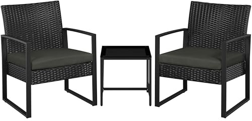 Yaheetech Balkonmöbel Set, Gartenmöbel-Set aus PE-Polyrattan Wetterfest inkl. 2 Stühle mit Sitzkissen & Tisch, 3 Teilig Terrassenmöbel Sitzgruppe Lounge Set für Balkon/Terrasse/Garten, Schwarz-Grau