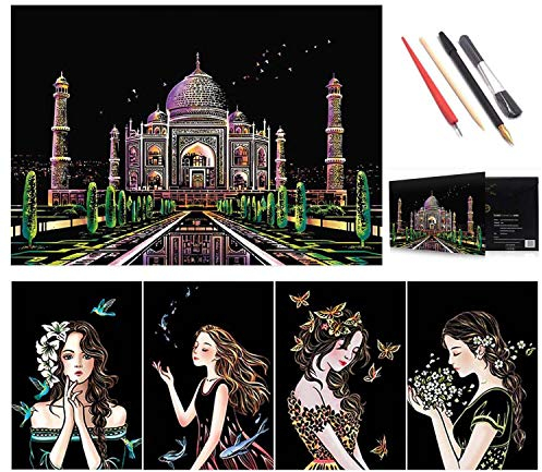 Kratzkunst für Erwachsene,Kratzbilder,Regenbogen-Malerei,Skizze,Kratzbrett-Kunst für Erwachsene und Kinder,DIY Kunst Zeichnung City Night View Schwarz Beschichtet Bunte Kratzpapier mit 4 Werkzeugen