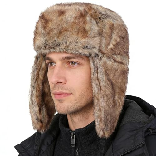 ITODA Winter Faux Fur Trapper Hats Windproof Ushanka Russian Hat Thermal Hunting Hat with Ear Flaps Warm Hooded Trapper Hats Furry Ski Aviator Cap for Running Cycling Camping Brown