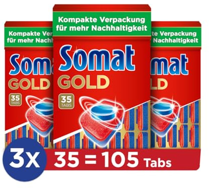 Somat Pastiglie in oro per lavastoviglie (105 schede), pastiglie per lavastoviglie per piatti luminosi e puliti anche a basse temperature, extra forza contro il bruciato, imballaggio compatto per una