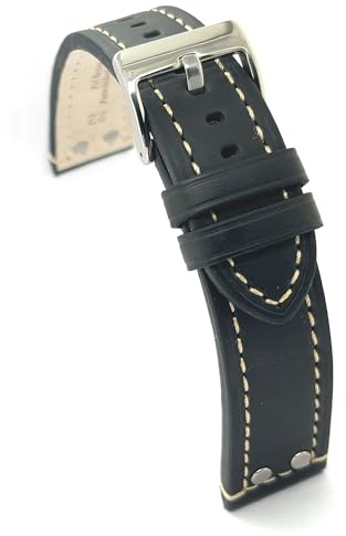 Diloy Bracelet cuir veau huilé style aviateur pilote flieger avec rivets – Tailles 18mm 20mm 22mm 24mm – Noir marron foncé marron clair – Design sportif classique 381 Noir 24mm