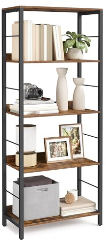 VASAGLE Bücherregal 5 Ebenen, Regal, Aufbewahrungsregal, 30 x 60 x 144 cm, mit Rückplatten, für Wohnzimmer, Arbeitszimmer, Homeoffice, Industrie-Design, vintagebraun-tintenschwarz LLS117B01