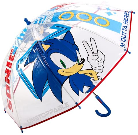 Sonic The Hedgehog Kids Clear Dome Umbrella Transparent See-Through Canopy | Lightweight & Windproof School Rain Children's Character Umbrellas for Boys & Girls | with Safety Opening