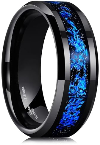 King Will Men's 6mm 8mm Black/Silver/Gold Tungsten Carbide Wedding Ring with Blue, Red, Gold, Purple Orange Foils Inlay, Beveled Edge