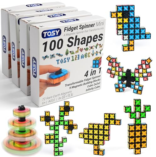 TOSY Magnet Fidget Spinner Mini - 8 Blocs, Jouet 3 en 1: Fidget Spinner Transformable, Infinity Cube, Puzzle Cube 2x2, Tuiles magnétiques STEM Cadeau pour Enfant/garçon/Fille/Adulte, Ensemble de 4