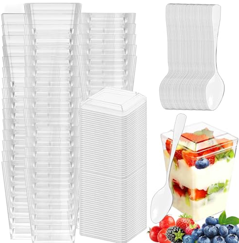 50Pcs Tazze Dessert con Cucchiai Mini & Coperchio, 5oz/160ml Coppette Bicchieri Plastica Riutilizzabili Quadrate, Bicchierini Dolci per Budini, Mousse, Gelati, Tramisu, Casa, Picnic, Compleanni, Feste
