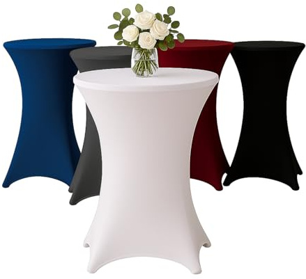 Stehtischhusse für Bistrotisch mit 4 verstärkten Fußlaschen elastisch Stretch OEKO-TEX zertifiziert Ø 70-75x110-120 cm Weiss (1 Stück)