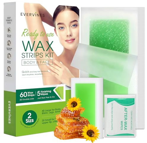 Evervines Facial & Body Wax Strips Kit – 60 PCS (40 Body & 20 Facial) for Hair Removal with 5 Oil Wipes – Removes Lip, Chin, Eyebrows, Bikini, Legs, Arms for Women & Men at Home & Travel (1 pack)