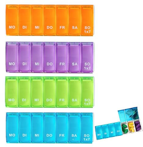 HAYGEM 4 stycken tablettlåda 7 dagar bärbar, pillerask liten uppdelad 7 fack, mini pillerask återanvändbar, BPA-fri, för mediciner, vitaminer, fiskolja, kosttillskott