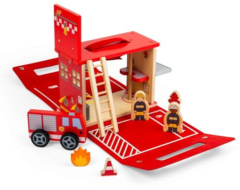 Bigjigs Toys brandstation på språng | resespelset för barn | filtväska lekset med trämotorleksak, brandmanfigurer och tillbehör | Nödtjänstegåvor för 2+ år gamla barn