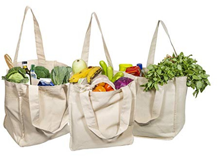 Best Canvas Grocery Shopping Bags - Reusable Grocery Tote Bags with Bottle Sleeves - 100% Cotton, Extremely Sturdy, Double Stitched, Foldable, Washable Cotton Grocery Tote Bags (3 Bags)