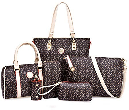 Damen Handtaschen Set 6tlg PU Leder Geldbörse Set Schulter Crossbody Umhängetasche (Kaffee)