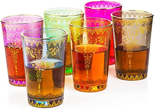 Moroccan Glasses Artisan Hand-Made Multipurpose 170 ml 6 oz Tea, Coffee and Wine Moroccan, Hot & Cold Tumbler - Marrakech & Casablanca Tea Cups Set of 6 Hand Blown Colorful Made in Morocco (6 Colors)