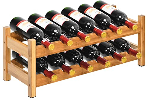 GIANTEX Weinregal 12 Flaschen, Flaschenregal Holz, Weinständer 2 Ebenen, Flaschenständer Flaschenhalter rustikal, Weinflaschenregal 62 x 24 x 25 cm Walnuss (Natur)