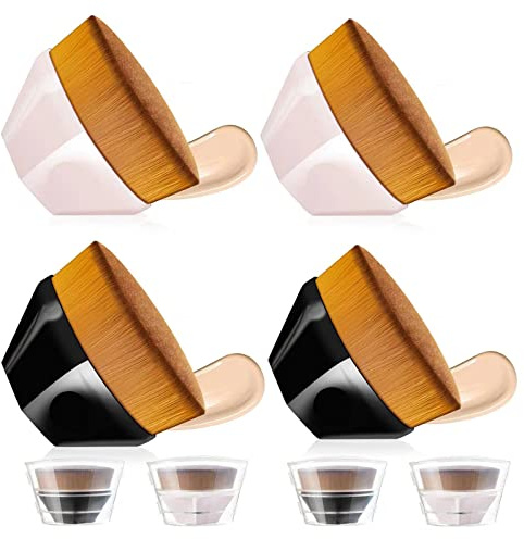 4 Pack Foundation Makeup Brush for Blending Liquid Cream Flawless Powder Face Blush with Protective Case(Black and Pink, Hexagon Kabuki Brush)
