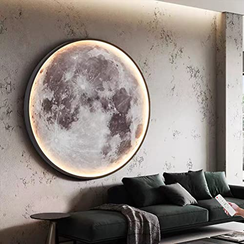 80cm Mond Wandlampe Innen Dimmbar mit Fernbedienung 45W LED Wandleuchte Modern Art Deco lampe Metall und Acryl Wandbeleuchtung Runde Form Ultra dünn Deckenlampe Wohnzimmerlampe groß Mond Deko Lampe