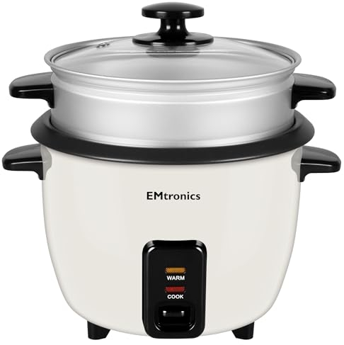 EMtronics EMRCDSTCR1-5 Rice Cooker 1.5 Litre with Automatic Cooking, Steamer Tray and Warmer Function with Removable Non-Stick Bowl, Measuring Cup and Spatula 500W - Cream