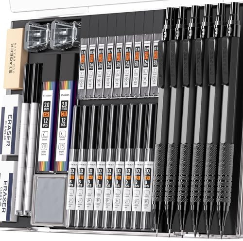 STAGEEK 6Stück Druckbleistifte Set,0,5 0,7 0,9 2,0mm Minenbleistift,metall mechanischer bleistift mit 384 Minen(6B, 4B, 2B, HB, 2H, 4H, Farbe) schreibwaren,für Künstler, Skizzieren, Zeichnen,schwarz