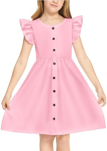 Arshiner Filles Robes à Volants Enfants été Coton Robe de Loisirs Bouton A-Line Col Rond Robe de fête pour Fille 13-14 Ans