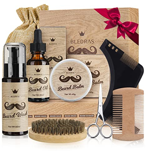 Bledras Bartpflege Set für Männer, 11 in 1-60ML Bartshampoo, 30ML Bartöl, Bartbalsam, Bartkamm,Bartbürste, Bartschere, Bartschablonen, Rasierer, Haarschnitt Friseurumhänge, Reisetasch