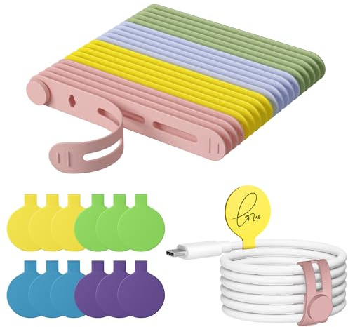 Nearockle Lot De 32 Attaches De Câble En Silicone Refermables Et ÉTiquettes De Câble, Organiseur De Câbles RÉUtilisable, Câble De Chargement, Câble D'ÉCouteur, Bureau (Multicolore)