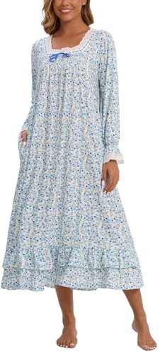 Rubehoow Camisa de Noche para Mujer Victoriana, Vestido de Noche Vintage de Manga Larga, Pijama de Algodón Suave, Vestido de Noche de Estar por Casa, Tallas S-3XL, Floral Azul, 3XL