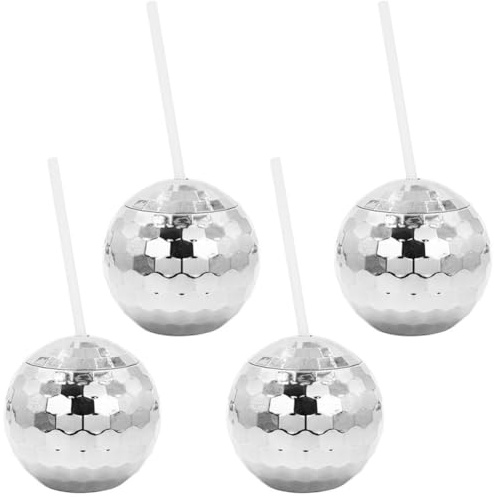 Lpitoy 4 Pack Ball Cups Reusable Silver Ball Tumbler Glitter Flash Ball Wine Cocktail Cup with Lids & Straws Mirror Syrup Tea Bottle Supplies for Nightclub Bar