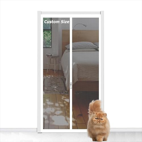 Cortina de puerta de tamaño personalizado para dormitorio, cocina, patio, mosquitera autoadhesiva para gatos, a prueba de mascotas, mosquitera antiinsectos, doble cremallera (ancho x alto): 90 x 210
