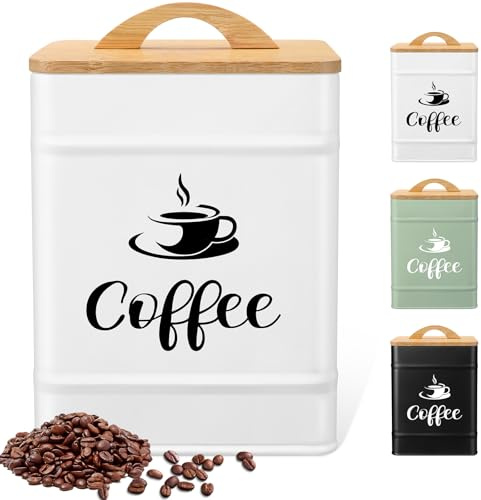 Maxdot 40 oz Coffee Container White Airtight Coffee Canister Large Iron Farmhouse Container with Wooden Bamboo Lid Tea Storage Canisters for Kitchen Countertop Grounds Beans Pods Housewarming Gifts
