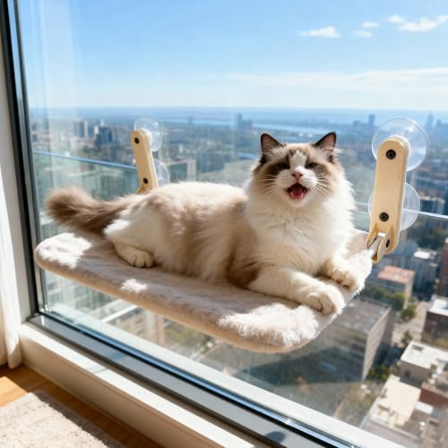 Pet Prime Katzen Fensterliege – 85mm Saugnäpfe & 20kg Tragkraft, Edelstahl-Gestell, 2 Abnehmbare Bezüge, 45x32cm Fensterbankersatz für Innen, Klappbar & Schnurlos