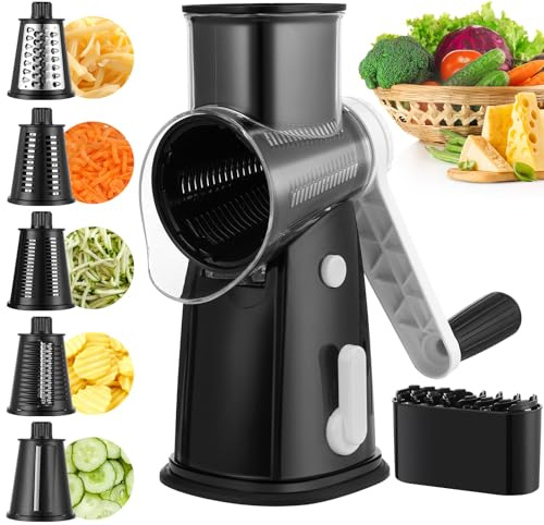 Vihoom Käsereibe mit Kurbel, Reibe für Gemüse mit 5 Austauschbaren Trommelblättern, Gemüseschneider Ideal für Käse, Gurken, Karotten, Nüsse, Trommelreibe Schnelleres und Einfaches Schneiden