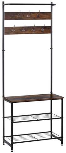 T-LOVENDO.ES Perchero Zapatero de Madera y Metal con estantería y Ganchos | Organizador de Entrada para Abrigos, Bolsos y Calzado | Mueble de Madera y Metal Resistente y Funcional para recibidor.