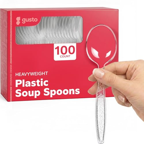 GUSTO [100 Pack] Heavyweight Clear Plastic Soup Spoons with Engraved Design - Disposable Sturdy Plastic Utensils for Parties, Weddings, and Events (Formerly Comfy Package)