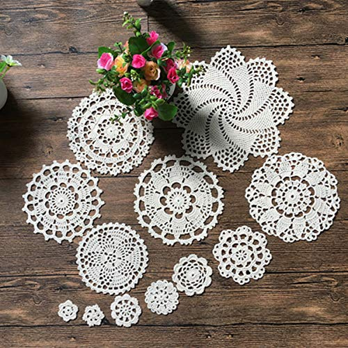 MINDPLUS Set di 12 Centrini all'Uncinetto a Mano in Cotone Piccoli Centrini di Pizzo all'Uncinetto Tovagliette da Tavola da 2,5-20 cm Rotonde (Bianco)