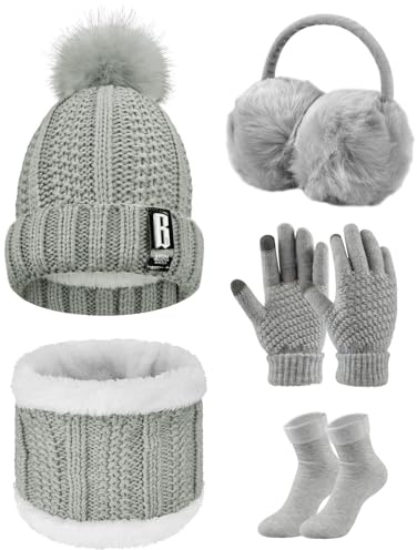 UMIPUBO Women's Winter Knitted Hat and Scarf Set - Plush Ear Warmers, Beanie Hat, Touch Screen Gloves, Earmuffs, Stockings - One Size, Grey