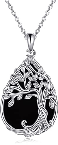 YAFEINI Baum des Lebens Kette Sterling Silber Schwarzer Onyx Anhänger Halskette Baum des Lebens Schmuck Geschenke für Damen