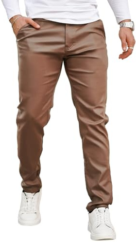 GINGTTO Mens Coffee Leather Motorcycle Pants Slim Fit Tapered Chino Pants for Men 32