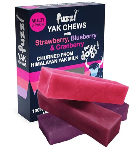 Fuzzl Yak Chews Multipack Strawberry, Blueberry & Cranberry Premium Natural Dog Treats with Himalayan Yak Milk 195g Yak Chew No Hide Dog Food Natural Dog Chews Long Lasting Dog Dental Sticks