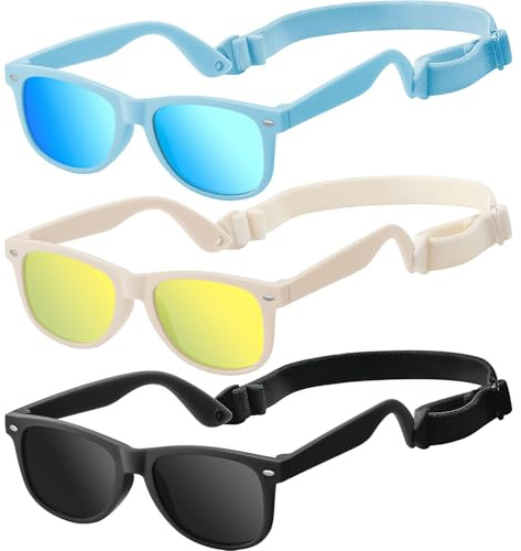 zestero Baby Infant Toddler Sunglasses with Strap for Boys Girls Age 0-24 Months, 3 Pack Flexible TPEE Rubber Frame Kids 100 UV Protection Sunglasses Newborn Shades