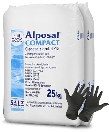 Alposal Compact Broxo 6-15 Regeneriersalz Körner 50 kg Poolsalz Schwimmbadsalz Wasserenthärteranlagen inklusiv 1 Paar ARNOMED Einweghandschuh
