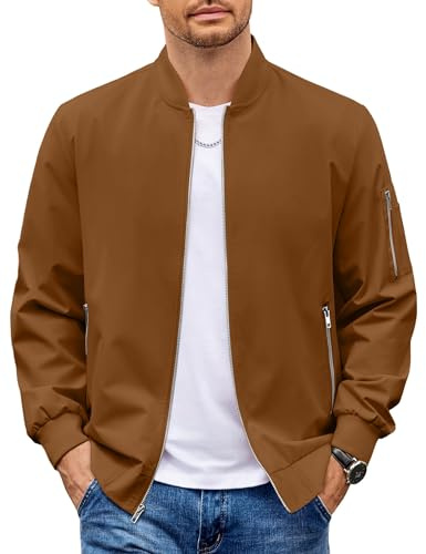 COOFANDY Windbreaker Jackets For Men Casua Stand Collar Bomber Jacket Brown Spring Fall Zip Up Light Coat Outerwear L