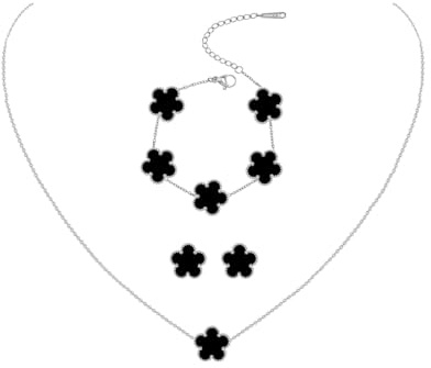 JYIXXZX Four-Leaf Clover Jewellery Set for Women Silver Stainless Steel Double-sided Four-Leaf Clover Pendant Necklace Stud Earrings Bracelet Adjustable Lucky Clover Jewelry Set Gift for Birthday (E)