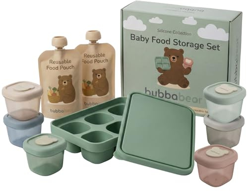 Bubba Bear Set di contenitori per alimenti per bambini | Vassoio congelatore per lo svezzamento dei bambini, sacchetti riutilizzabili e piccoli vasetti in silicone da 113,4 g con coperchi per bambini