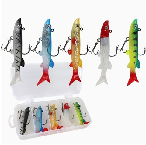 Soft Fishing Lures Kit, 5pcs Lead Head Fishing Bait, for Pike, Bass, Trout, Perch, 7.5cm T Tail Artificial Fish Bait With Treble Hook, Swimbaits Jig Head Freshwater Saltwater(small)