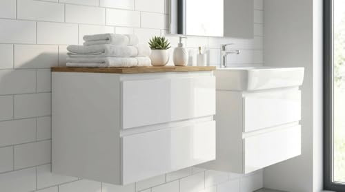 TRANS - PAL Bathroom Furniture Vanity Unit Basin Sink Wall Hung Mounted Soft Close Drawers Storage Cabinet 2 Drawer Ceramic Basin Countertop (Gloss white, 800 mm)