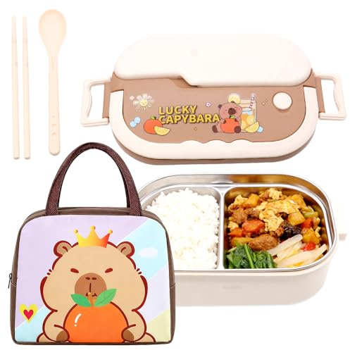 Capybara Scatole Bento Kit, Porta Pranzo Lunch Box con Borsa Termica Posate Schiscetta Pranzo con Scomparti Borse Frigo Pranzos Bento Box Studente Portapranzo Portatile per Picnic Scuola Uffici