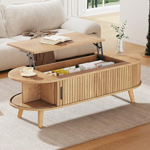 Yrxin Lift Up Oval Coffee Table with Hidden Storage, Centre Table, Lifting Sofa Side Table, Space-saving End Table for Living Room Bedroom, Reception, 120x50x39.5cm, Natural wood
